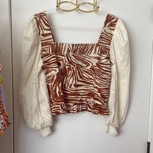 ANTROPOLOGIE Eyelet Puff Sleeve Top with Rust Zebra Print NWT!